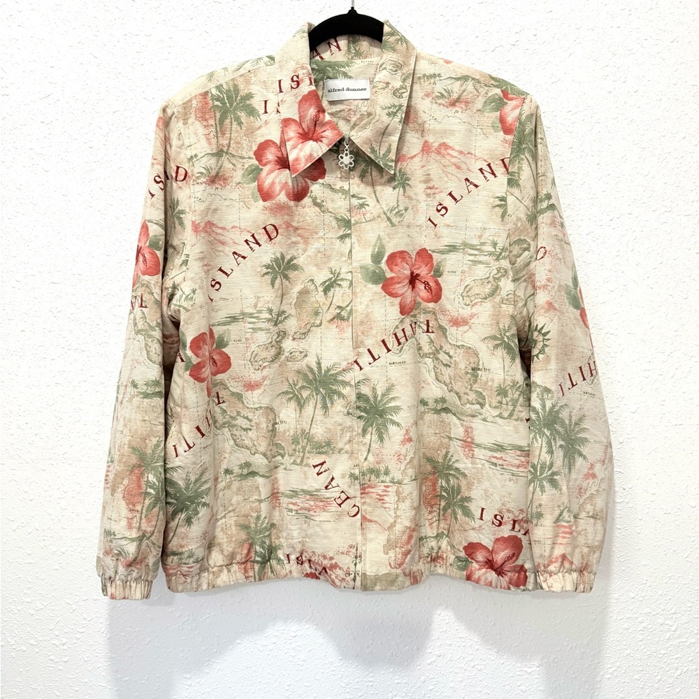 Alfred Dunner 100% silk bomber Floral Zip-Up map print Jacket 14